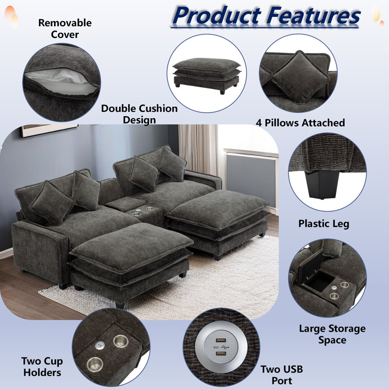 Hokku Designs Zayshaun Sofa with Two Ottomans, Cup Holders, USB Ports and Storage Console | Wayfair Hokku Designs Zayshaun Sofa with Two Ottomans, Cup Holders, USB Ports and Storage Console | Wayfair